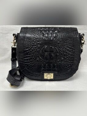 Vintage Brahmin Black Croc-Embossed Leather Crossbody with Gold-Tone Hardware